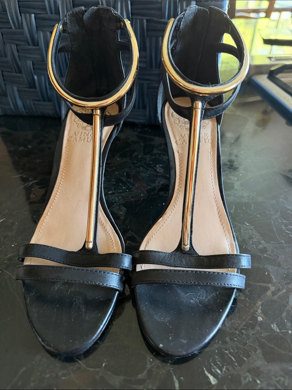 Vince Camuto Black T-Strip Ankle Strap Heels with Gold Accent